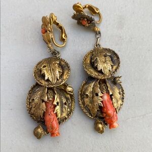 Vintage Gold toned and Coral Leaf clip on Earrings